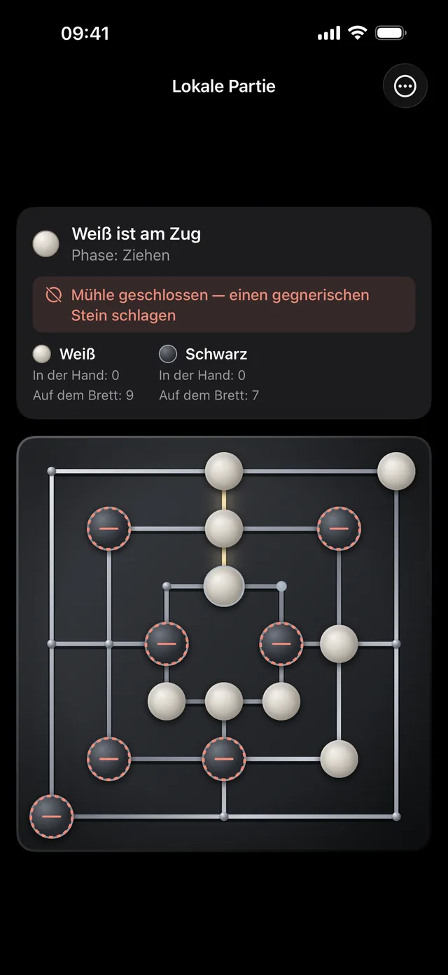 Eine geschlossene Mühle leuchtet auf; jeder schlagbare Stein ist markiert.
