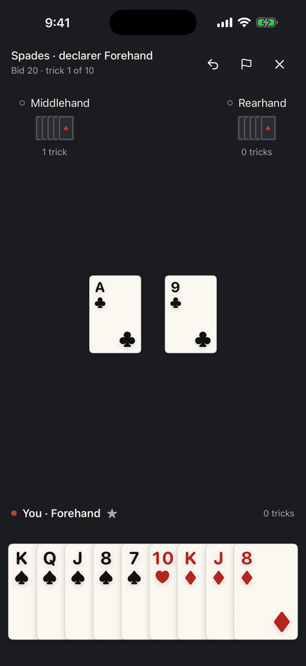 A game in progress with the player's hand and the open trick.